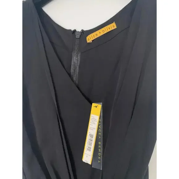 $330 NWT Alice + Olivia Designer Black Plunge Neck Silk Wrap Drape Dress S LBD - Picture 6 of 7